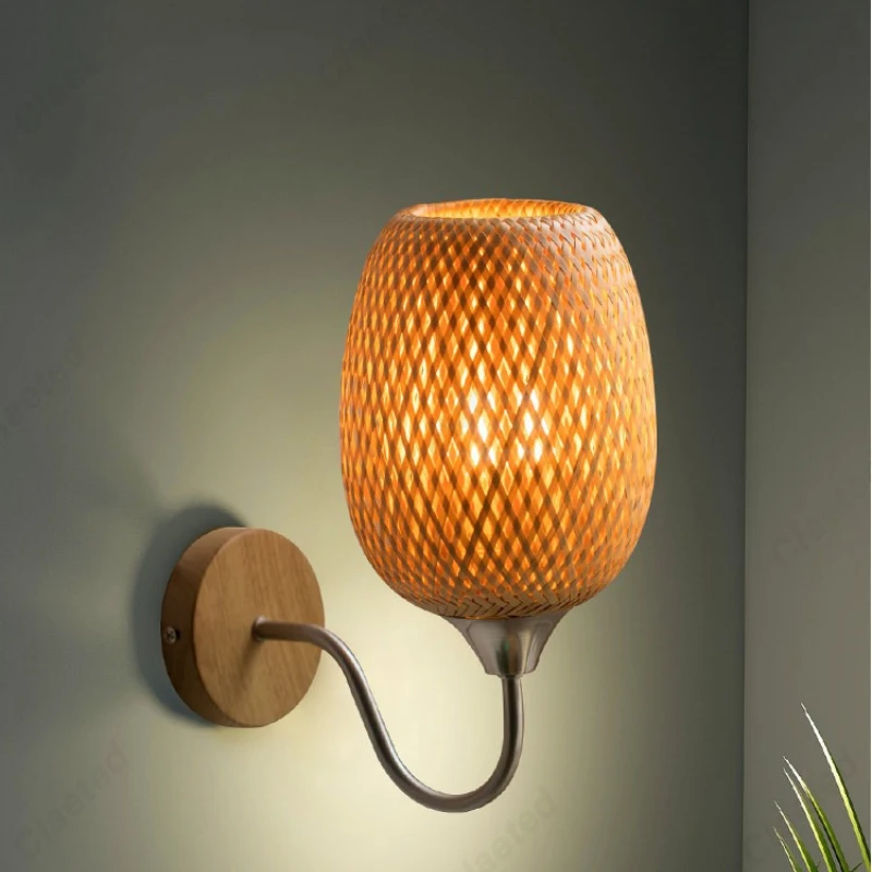 Chinese-style Bamboo Woven Wall Lamp Bedroom Bedside Lamp Zen-inspired Corridor Tea Room Hallway Light Rustic Lighting Fixtures