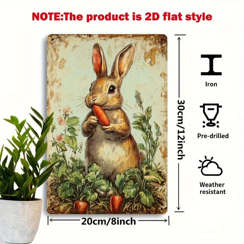 Vintage Rabbit with Carrot Metal Tin Sign, 8x12 Inch Retro Wall Art Decorative Plaque for Farmhouse, Living Room or Bedroom