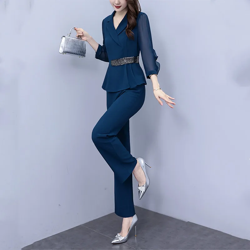 Fashion Oversize Women Pants Set For Spring Autumn 2024 New Elegant Slim Solid Turn Collar Office Lady 2 Pieces Outfits Pantsuit