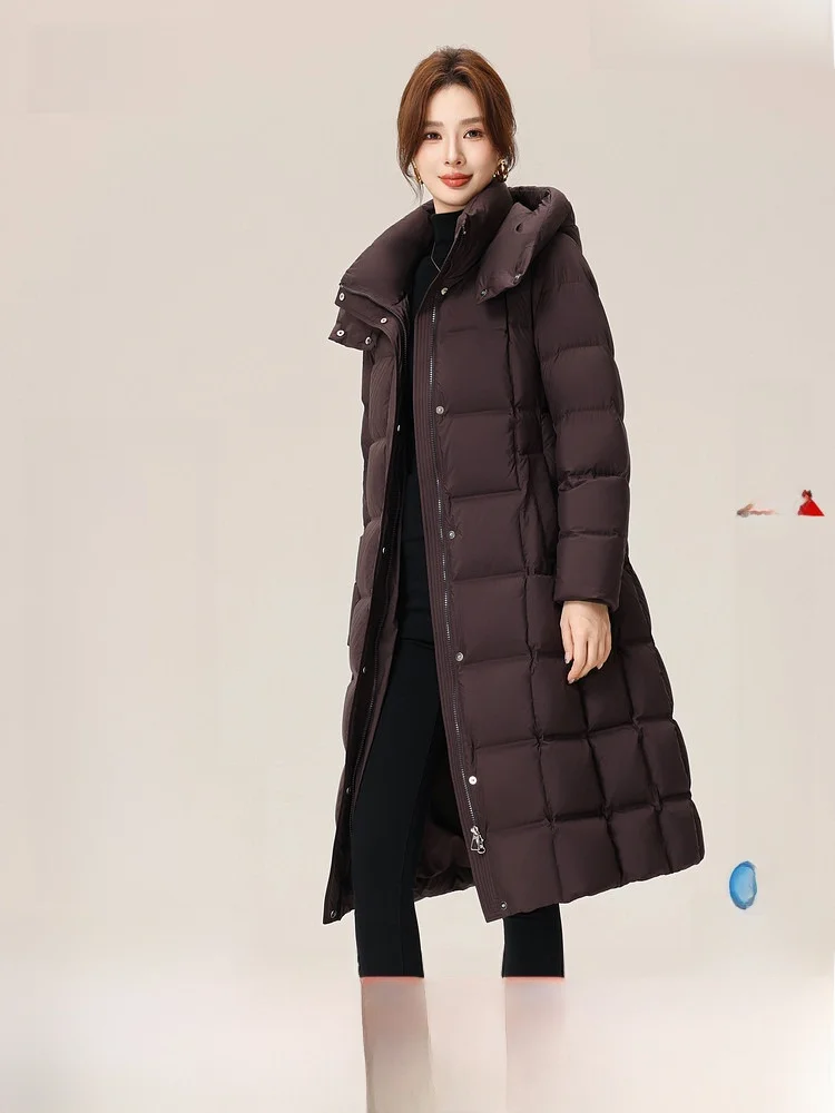 

Ele Long Hooded Women's down Jaet Snow Flng 2026 Spring New Sle Slimming Waist Design High Quali Polyester Fiber