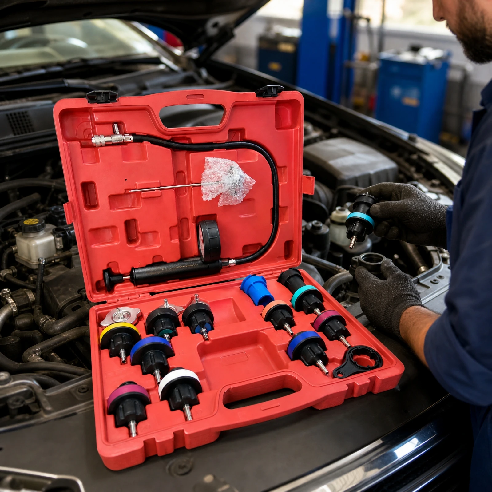 18 Pieces Cooling System Leak Tester Organized Storage Coolant Leak Test Kit with Carrying Case for Mechanics, Garages