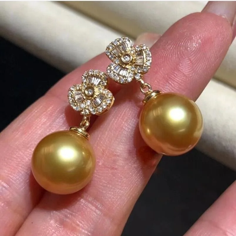 Gorgeous AAAA 11-10mm South China Sea Round Gold Pearl Pendant Earring Set 925s-