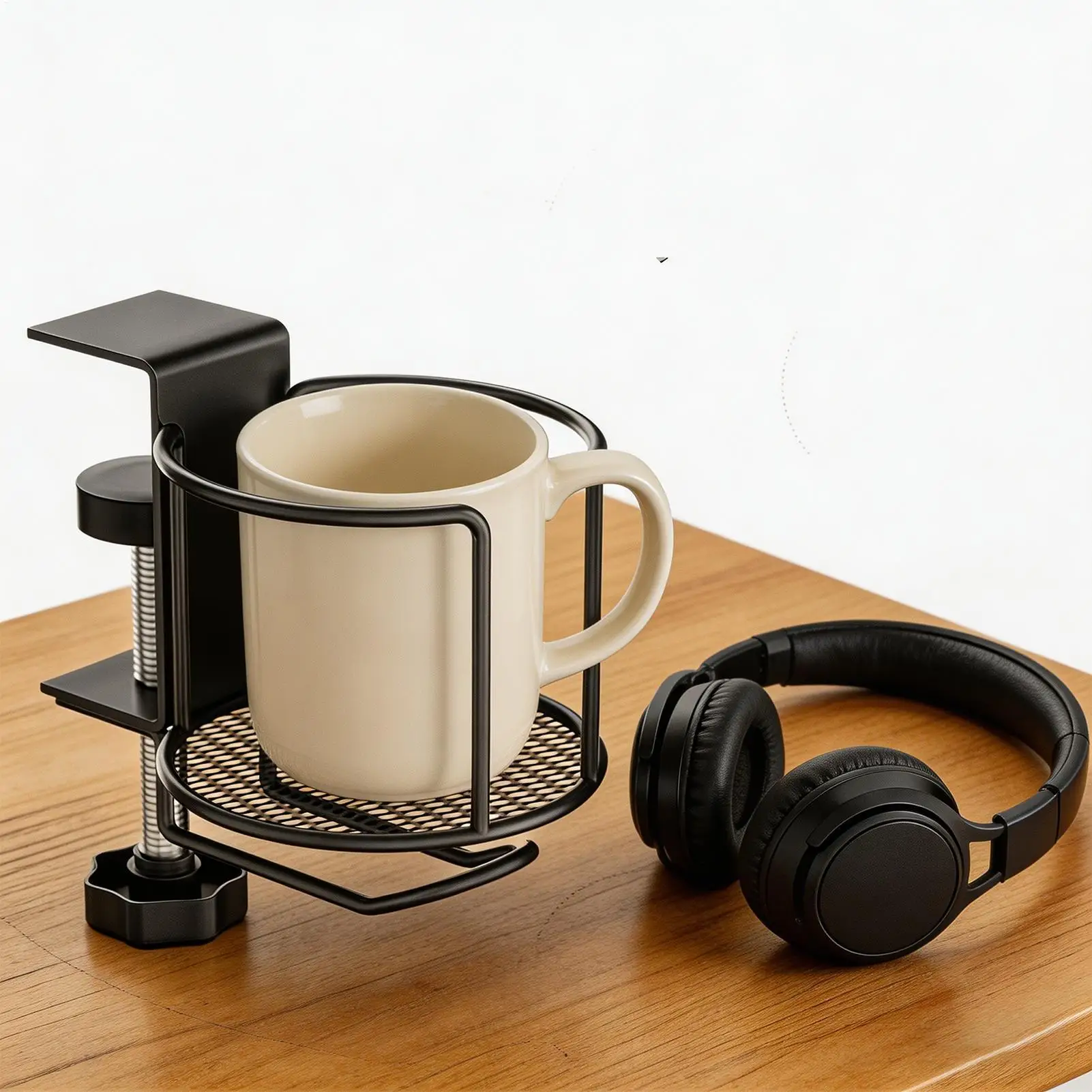 Desk Cup Holder 2-in-1 Tabletop Drinks Organizer with Headphone Hanger Tabletop Cup Holder for Mug Tumbler Bottle Home Office
