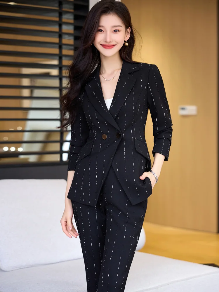 

Black Suit Set Women's Spring and Autumn2024New Temperament Goddess Style Business Wear Fashion Striped Two-Piece Suit