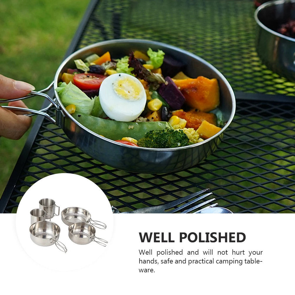 

5pcs Camping Tableware Set Stainless Steel Foldable Outdoor Cookware Kit Saucepan Rice Bowl Cup Set For Hiking Picnic