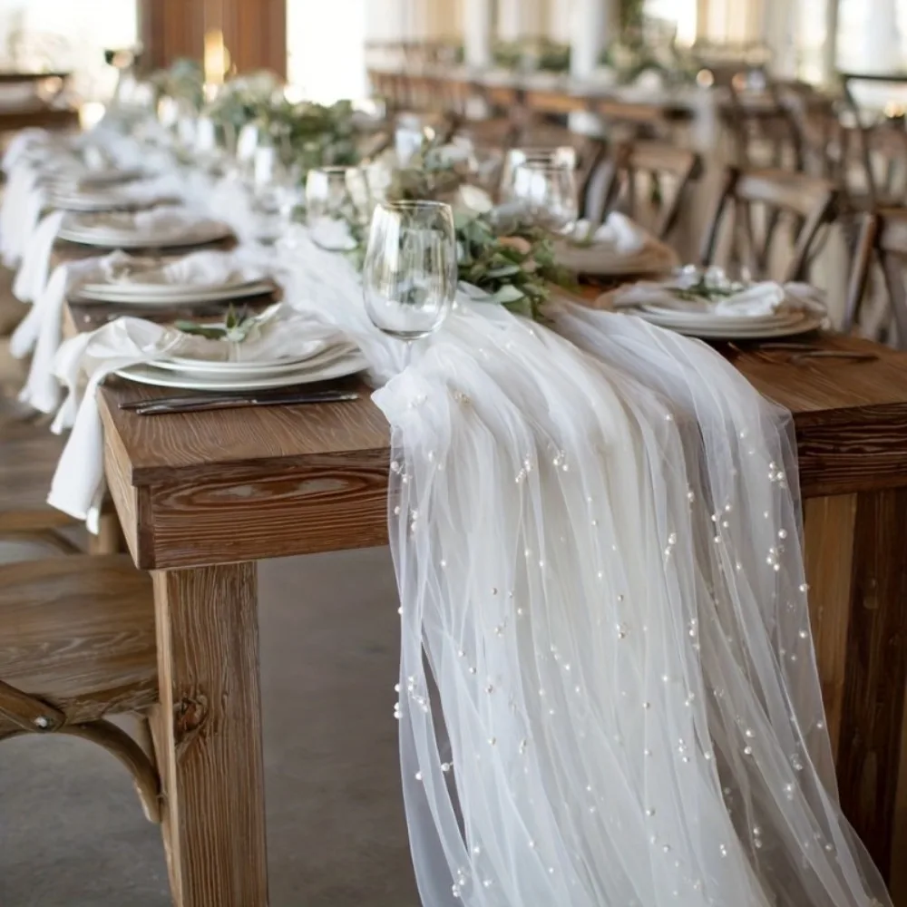 

1pc Elegant White Pearl Tulle Multifunctional Table Runner Mesh Material Wedding Canopy Fabric Perfect for Wedding Table