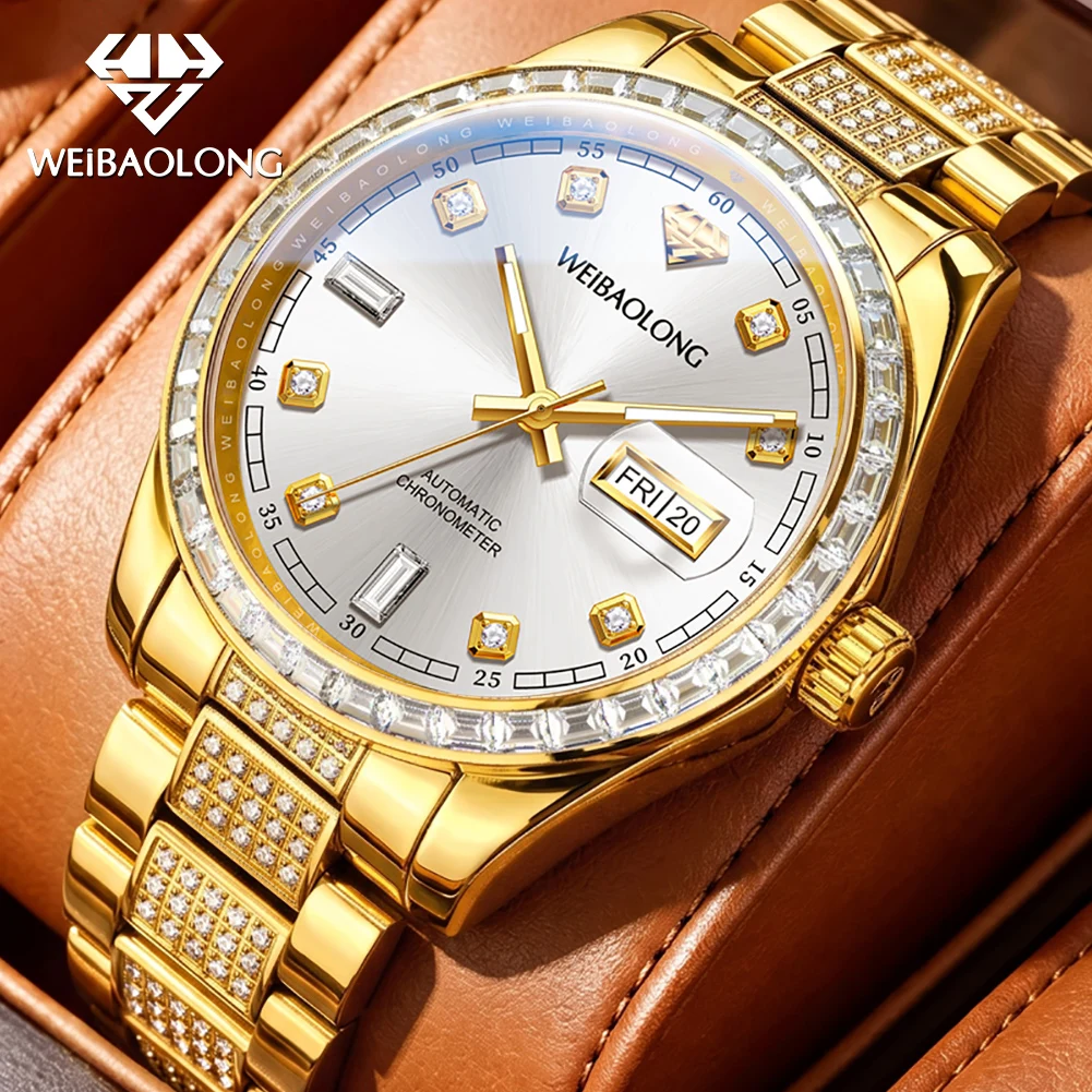 WEIBAOLONG 3815 Watch Man Automatic Mechanical Watch 316L Stainless Steel Real Gold Diamond Watches For Man Top Luxury Brand