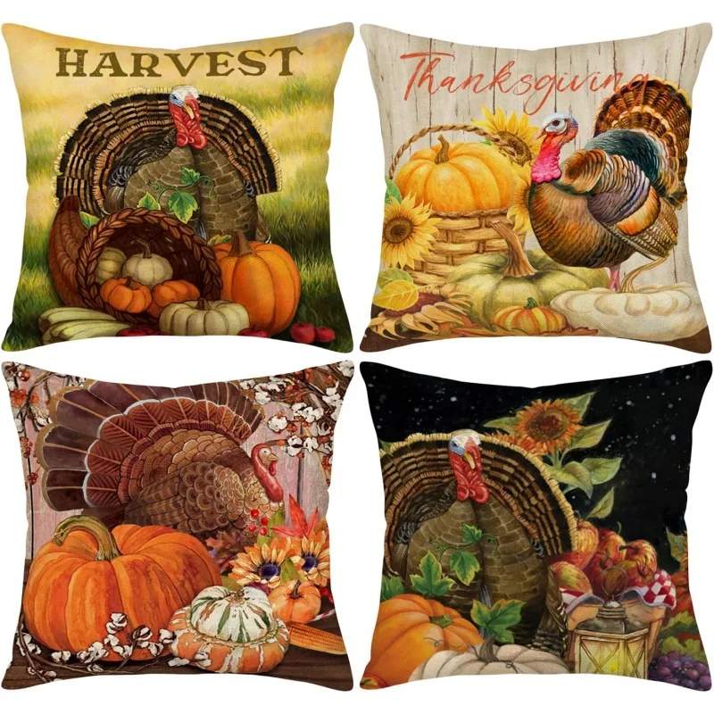 

Autumn Thanksgiving turkey pillowcase 16x16 inches, set of 4 pumpkin outdoor decorations