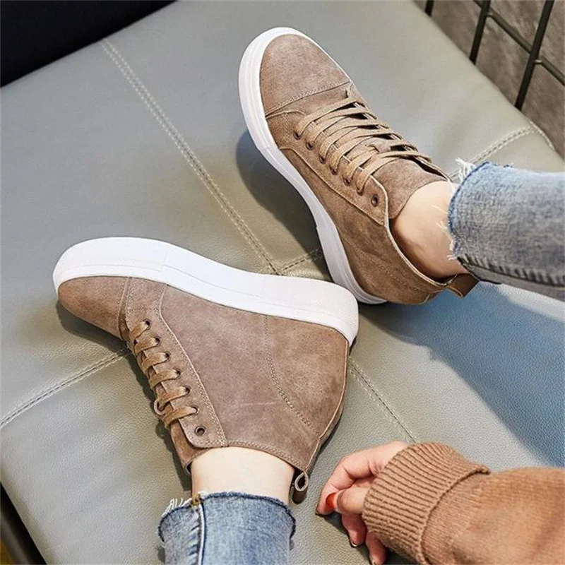 8cm Genuine Leather Suede Platform Wedge Women Fashion Chunky Sneakers Spring Autumn Casual Hidden Vulcanized shoes 34 39