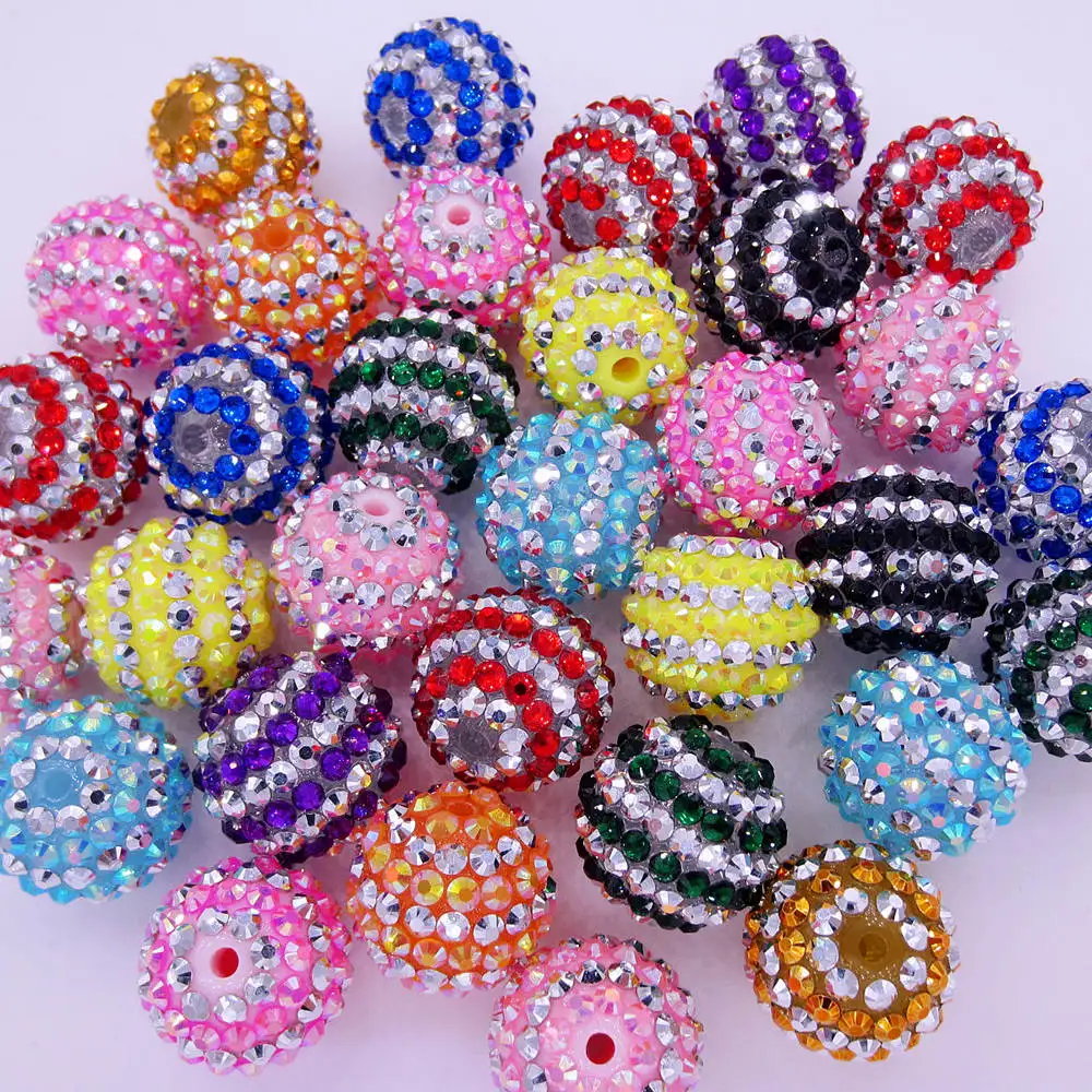 50Pcs Mix Lot 20mm Two-tone Striped Resin Rhinestone Ball Loose Beads For Girls Necklace Bracelet Making Accessories Wholesale