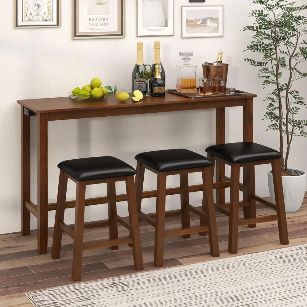 

4Piece Bar Table Set with Power Outlet, Counter Height Pub Table with 3 PVC Leather Padded Stools, Rustic Kitchen amp Dining Ro