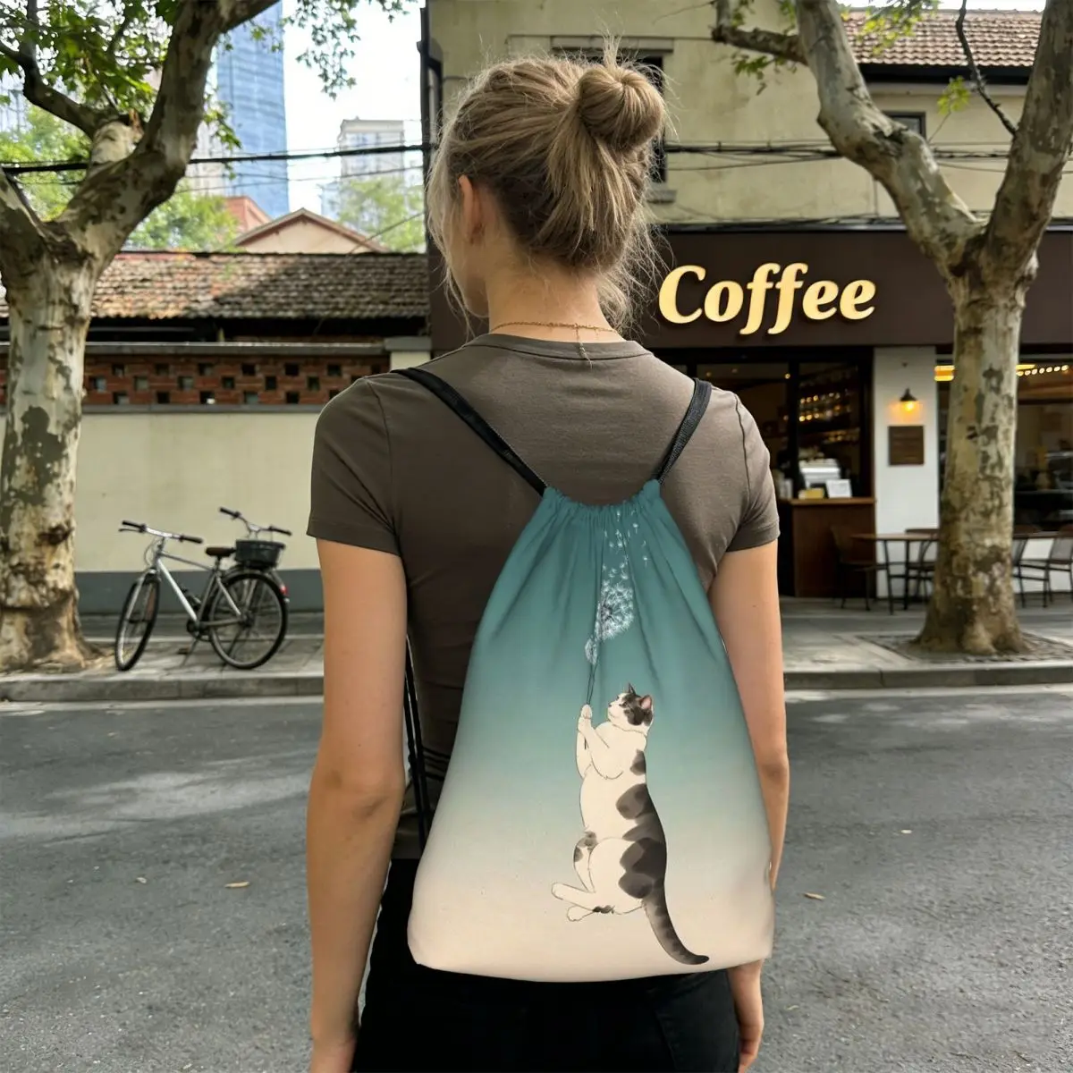 Cat Flies In The Air On A Dandelion Backpacks Fashion Drawstring Bags Sundries Bag Book Bags for Travel School