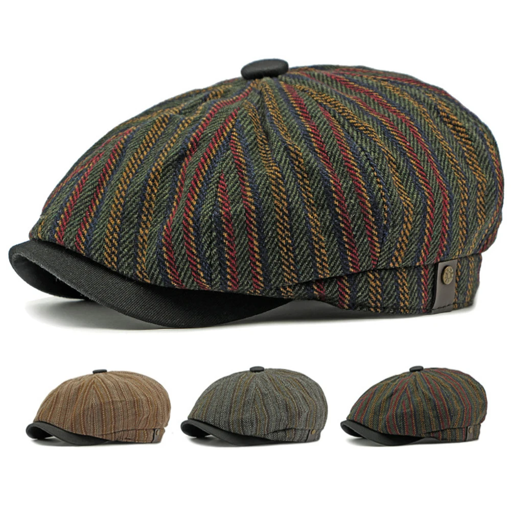 HT4585 Berets Spring Autumn Hat Caps for Men Women Octagonal Ivy Flat Cap Striped Artist Painter Beret Hat Male Female Beret Cap