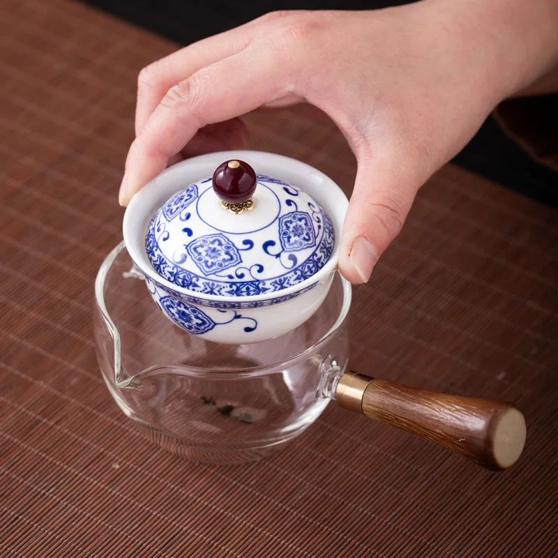 Chinese Kung Fu Tea Set Dropship Portable Ceramic Travel Tea Set with Tray Outdoor Camping 360° Rotating Glass Teapot Set 4-cups