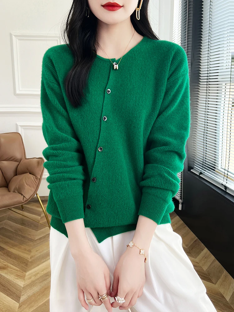 New Chic 100% Merino Wool Cardigan For Women Spring Autumn Winter Soft Warm Pure Colour Cashmere Sweater Korean Fashion Tops