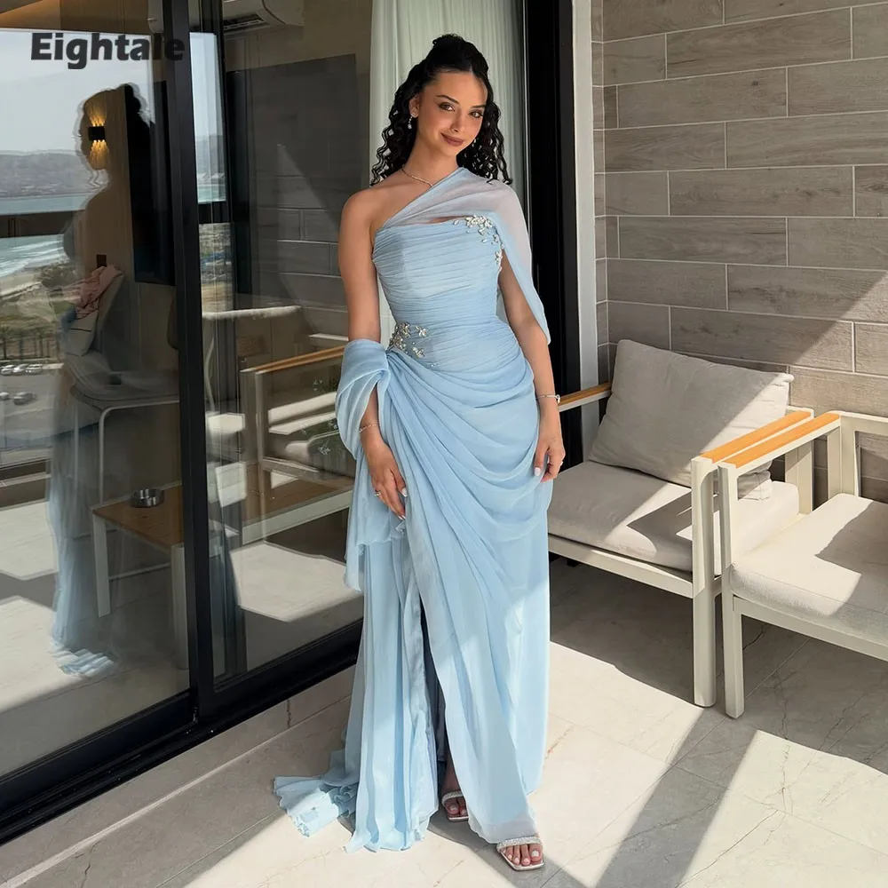 Eightale Arabic Butter Hellblaue Abendkleider für Hochzeiten, Falten, Chiffon, Seitenschlitz, formelle, maßgeschneiderte Ballkleider