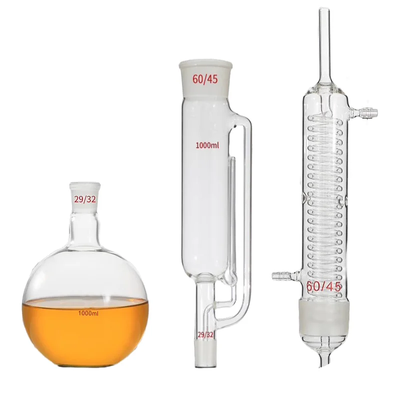 ガラス厚壁ソックスレット抽出器,コンデンサー付き脂肪抽出器,60-5000ml