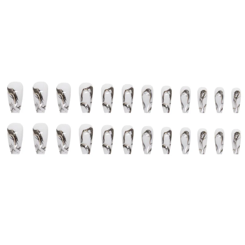 24 Stück mittellange Ballett-Nagelspitzen, schwarze Tinte, chinesischer Stil, Nagelkunst, Herbst, quadratisch, künstliche Nägel, wiederverwendbar, selbstklebend, zum Aufdrücken der Nägel