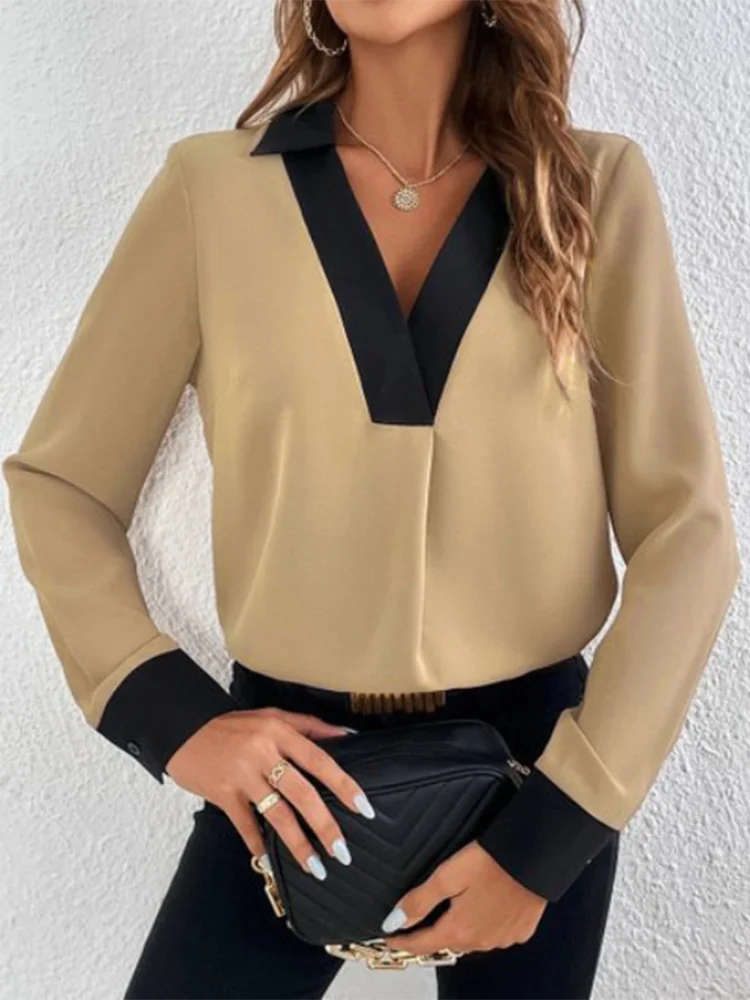 V-neck Color Blocked Long Sleeved Button Elegant Women's Shirt Street Versatile Daily Office Autumn Top