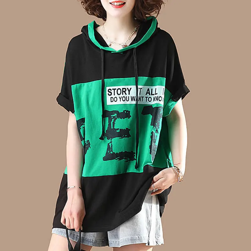 Stylish Letter Printed Casual Hooded T-shirt Korean Loose Drawstring Female Clothing Short Sleeve Summer Streetwear Pullovers