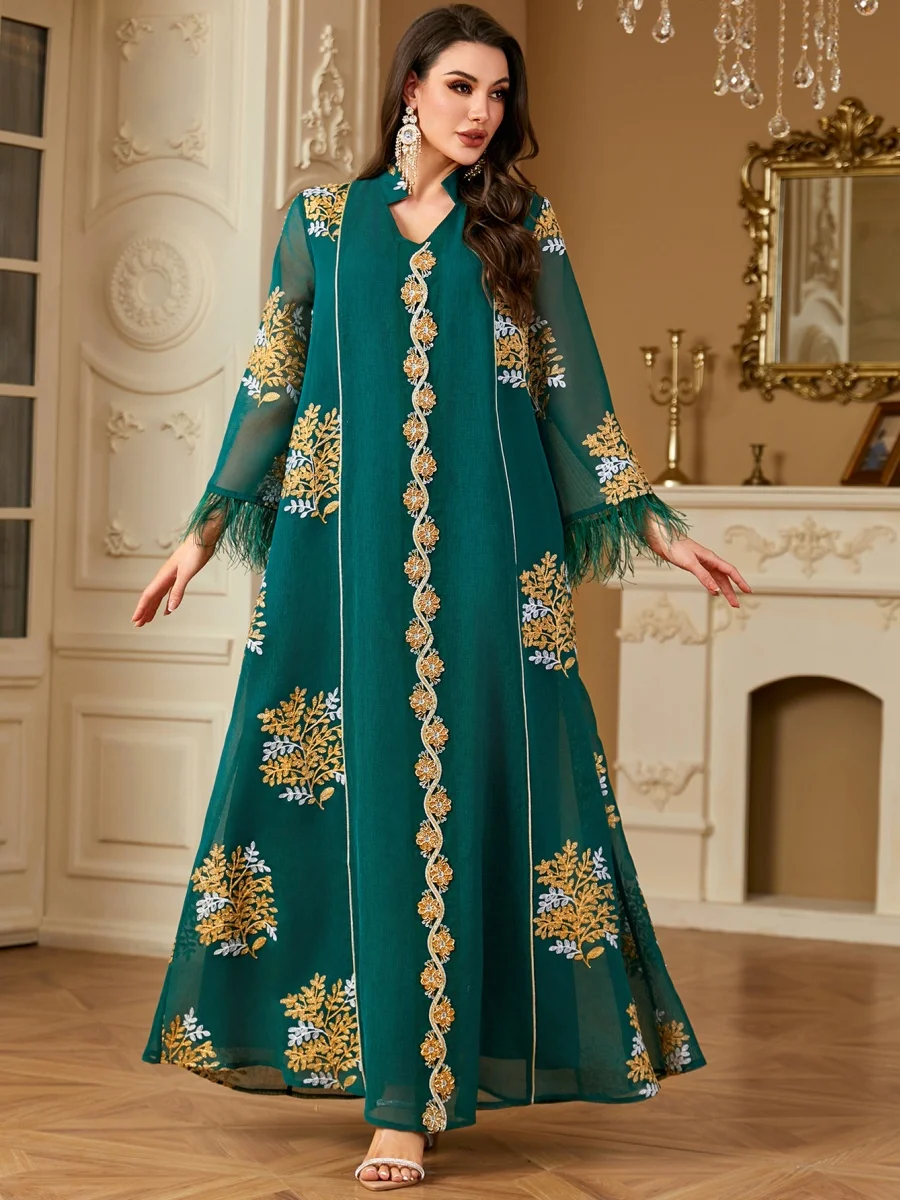 Siskakia Dubai Blumenstickerei Abayas Muslim Mesh Federn Kleid Modest Kleider für Frauen Abend