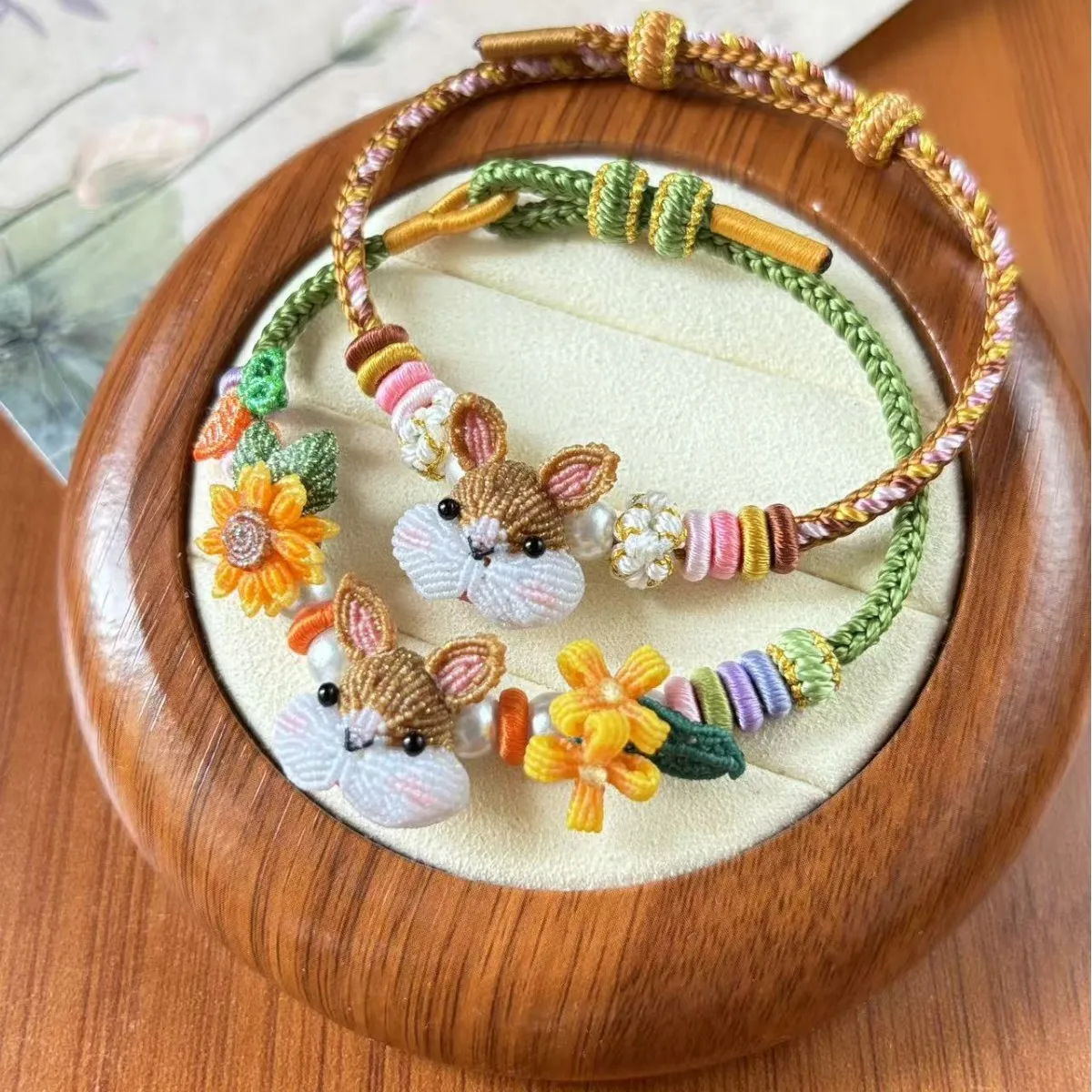 Chinese Traditional Lucky Auspicious Zodiac Rabbit Handmade Braided Bracelet Bead Compatible Intangible Cultural Heritage Rope