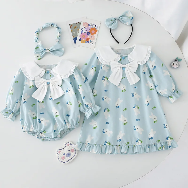 2024 Baby Rompers Sister Matching Wear Clothes for Children Outfits Spring Girls Floral Printed A-line Dress with Bowknot Outfit