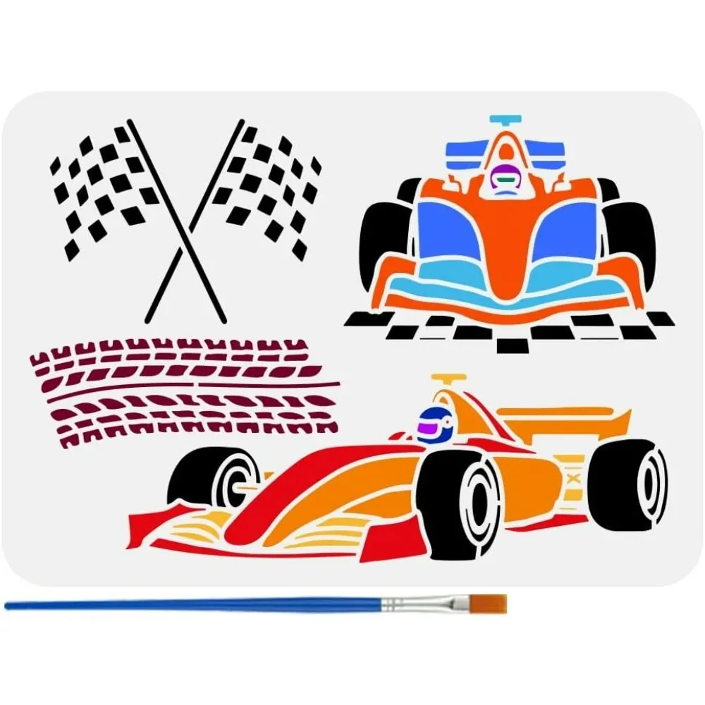 Racing Car Stencil with a Paint Brush 8.3x11.7inch Formula Racing Car Large Stencil Racing Flag Painting Stencil Tire Tracks