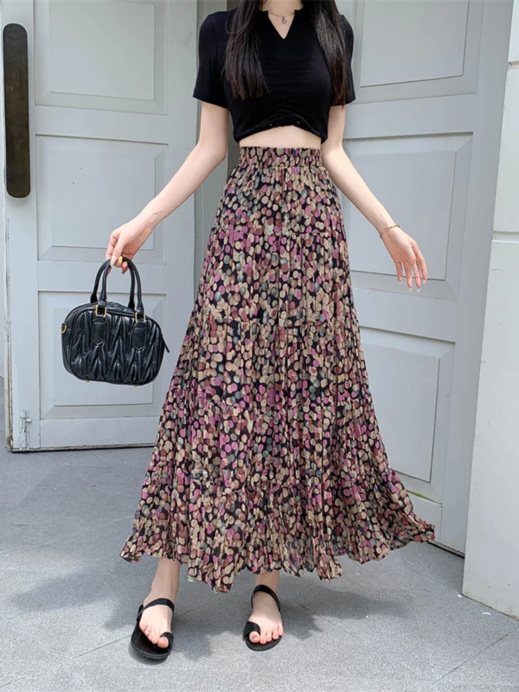 Spring Summer New Korean Retro Contrasting Floral Skirt French Pleated Versatile Vacation Beach Big Swing Long Skirt A273