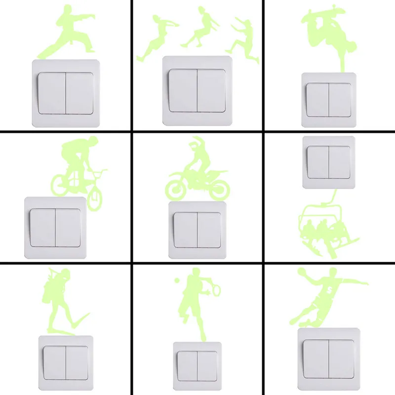 Cartoon Sport DIY Wall Switch Stickers Glow in the Dark Taekwondo/Parkour/Skateboard/Biking/Motocross/Ski/Diver/Tennis/Handball