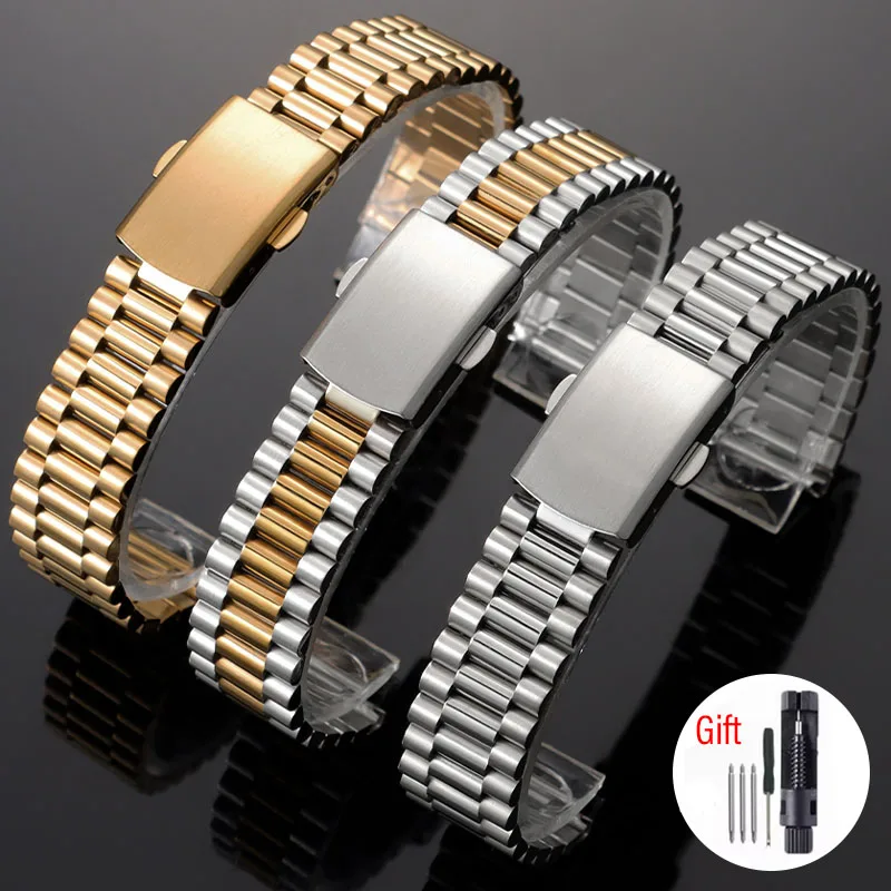 Premium Solid Stainless Steel Three-bead Watch Band 10mm 12mm 14mm 16mm Central Polished Metal Bracelet Fold Over Clasp Strap