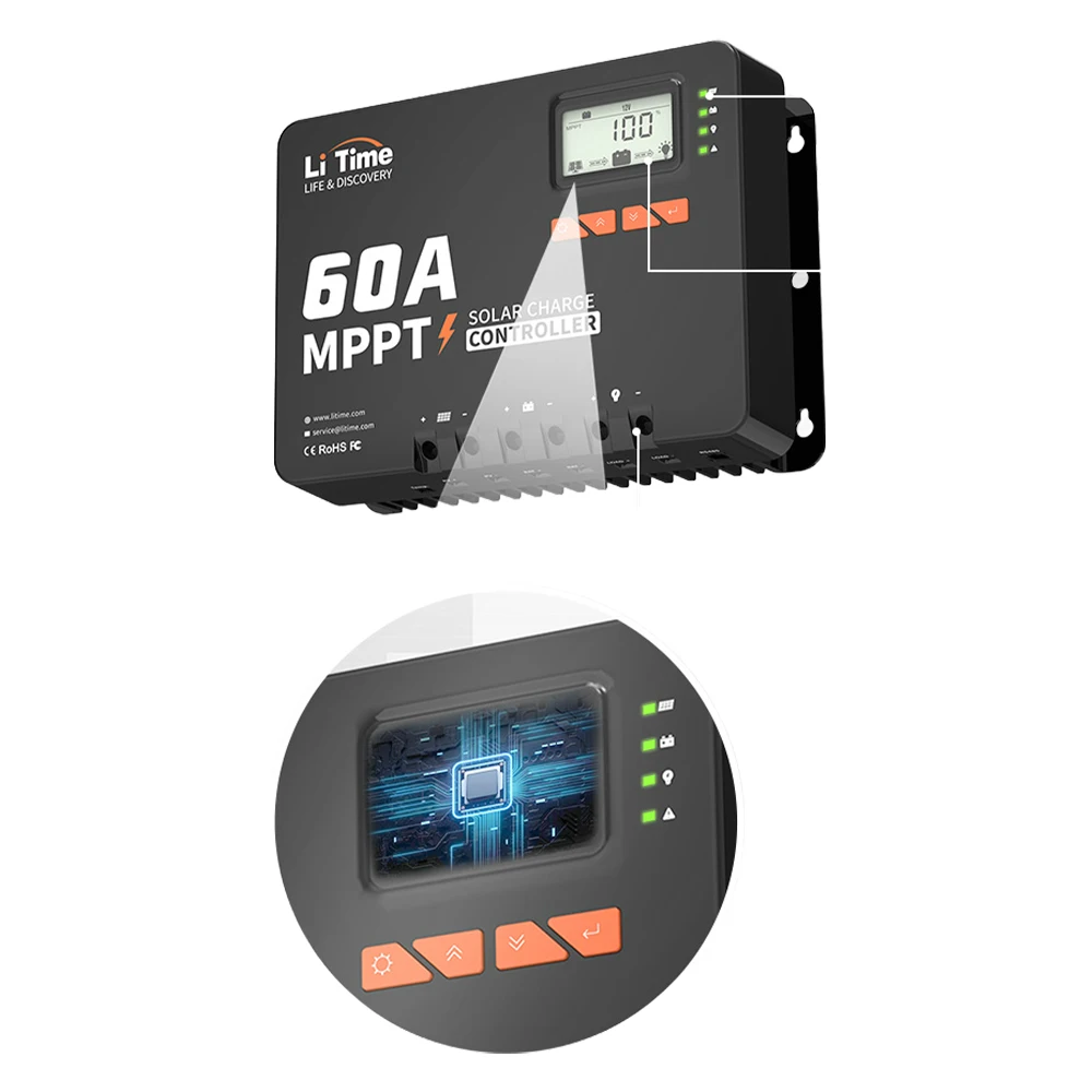 Bluetooth Function 60A MPPT Die-cast Aluminum Solar Charge Controller10.03 Lbs 97% Conversion Efficiency Charge Controlleres