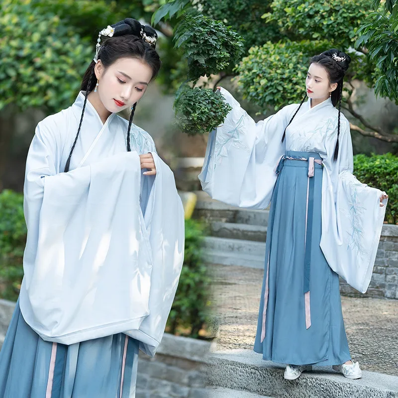 

Wei Jin Dynasty Traditional Chinese Clothing for Women National Hanfu Blue Skirt with Collar Top Folk Cosplay Stage Costumes