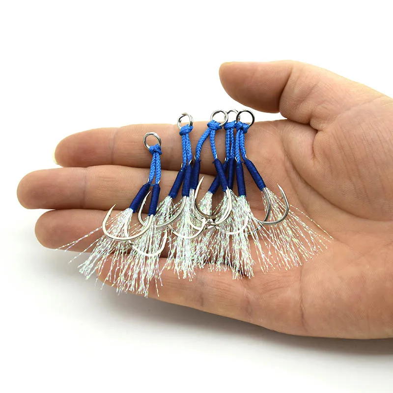 10pair Assist Hook Solid Ring JigLure Jigging Fishjig Double Pair Barbed Assist Hooks Pesca Peche Blue Feather Fishing Slow Jig