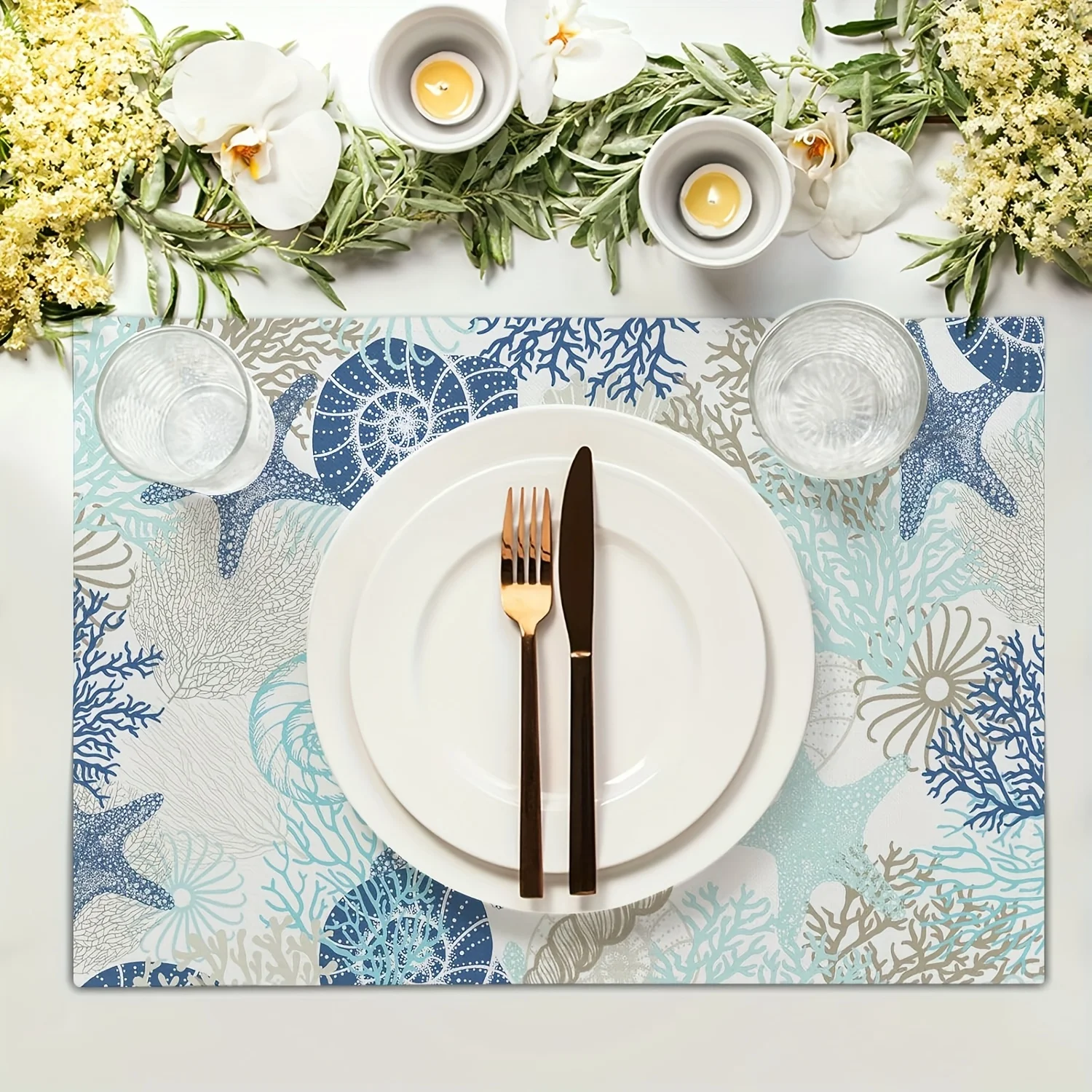 4Pcs, Watercolor Coral Shell Placemats, Washable, Suitable for Holiday Parties, Home Decor, Kitchen Countertops, Rectangular Dining Tables, Making Your Dining Room and Kitchen More Beautiful, a Birthday Gift and Housewarming Party Gift for Family and Friends