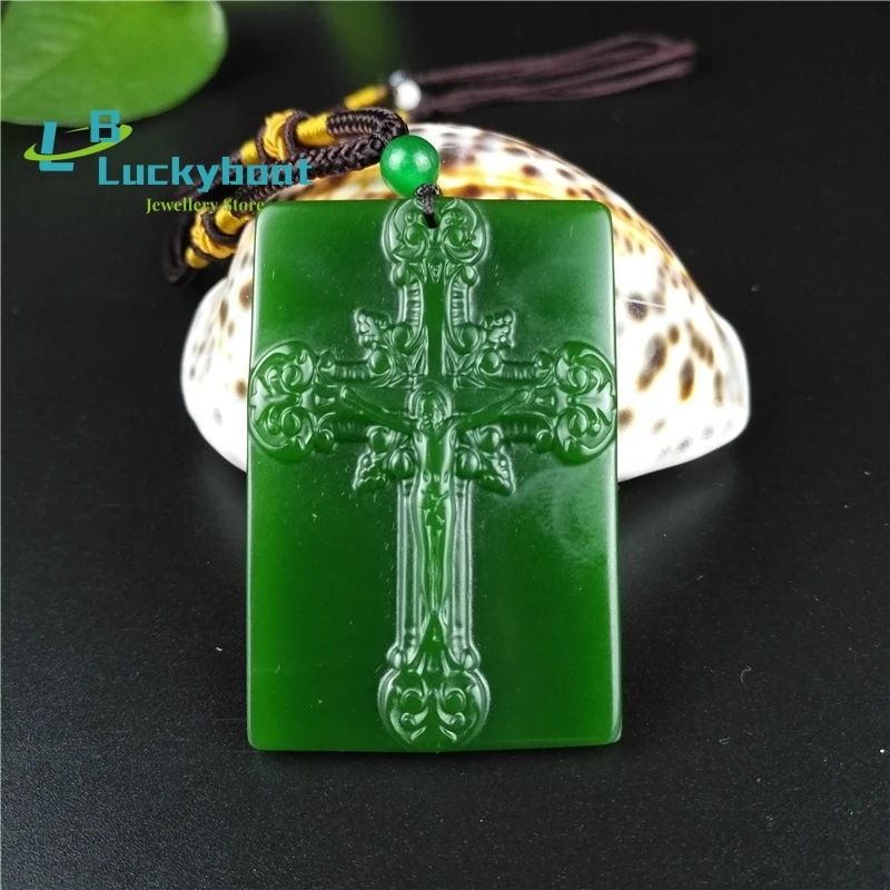 Natural Green Hetian Jade Stone Cross Pendant Necklace Carved Chinese Jadeite Jewelry Charm Jesus Amulet Gifts for Women Men