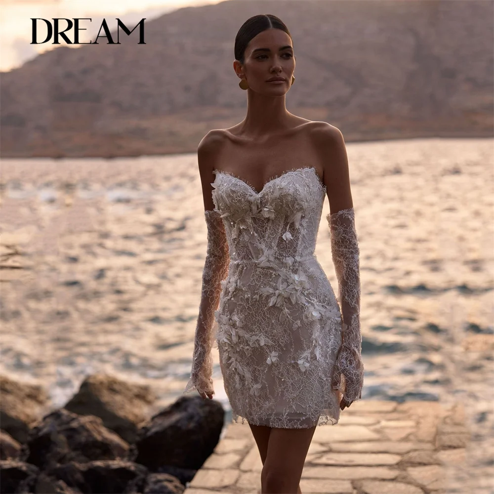 DREAM Lace Short Wedding Dress 2025 Sheath Sweetheart Open Back 3D Flowers Sleeveless Bridal Gown Vestidos De Novia Customized