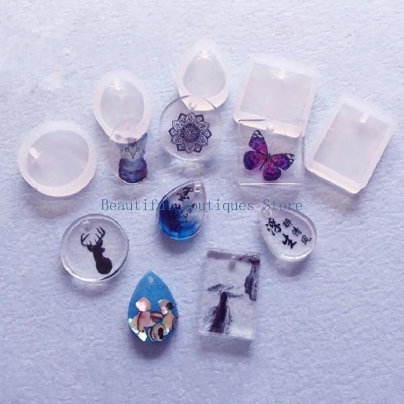 U4LF 20 Pcs/Set Water Drop Round Square Oval Resin Casting Molds Keychain Pendants with Hanging Hole Crystal Epoxy Resin Mold