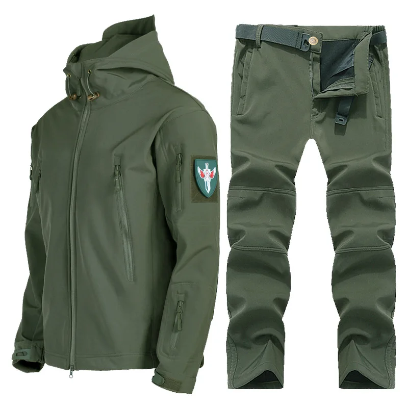 Soft Shell Jackets + Pants Sets Men Winter Fleece Warm Military Hooded Jacket Outdoor Windproof Multi-pocket Climbing Suits Male