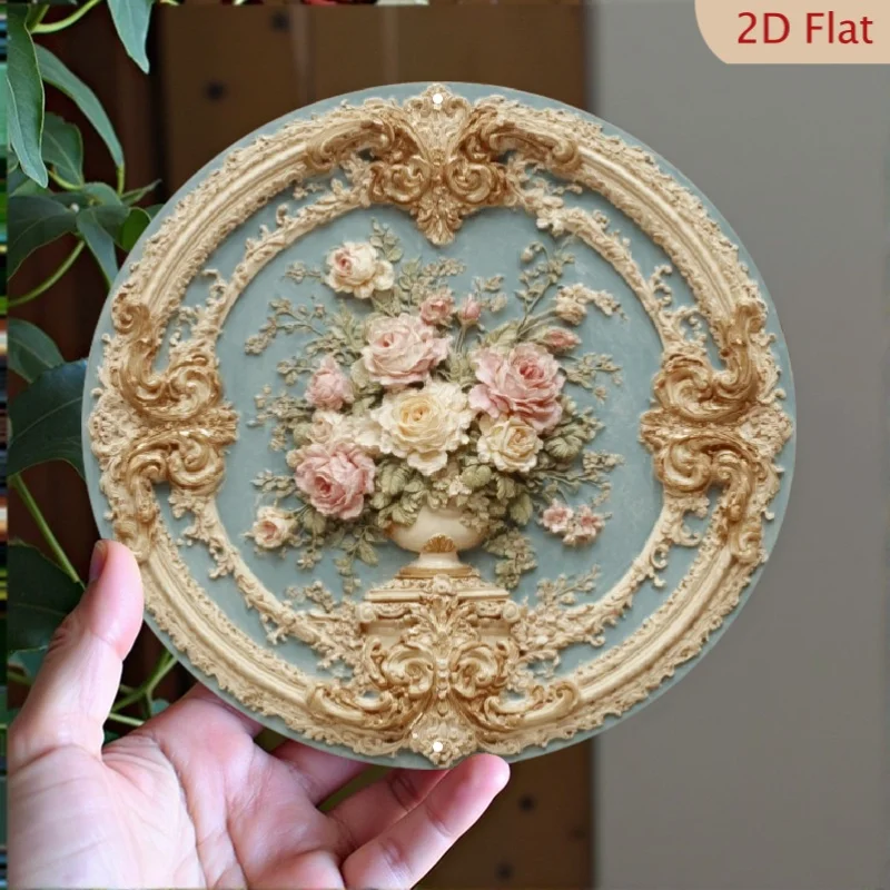 2D Flat, Vintage Baroque Metal Wall Art Plaque - Ornate Golden Frame with Soft Pastel Floral Pattern (Pink Roses & Green Foliage