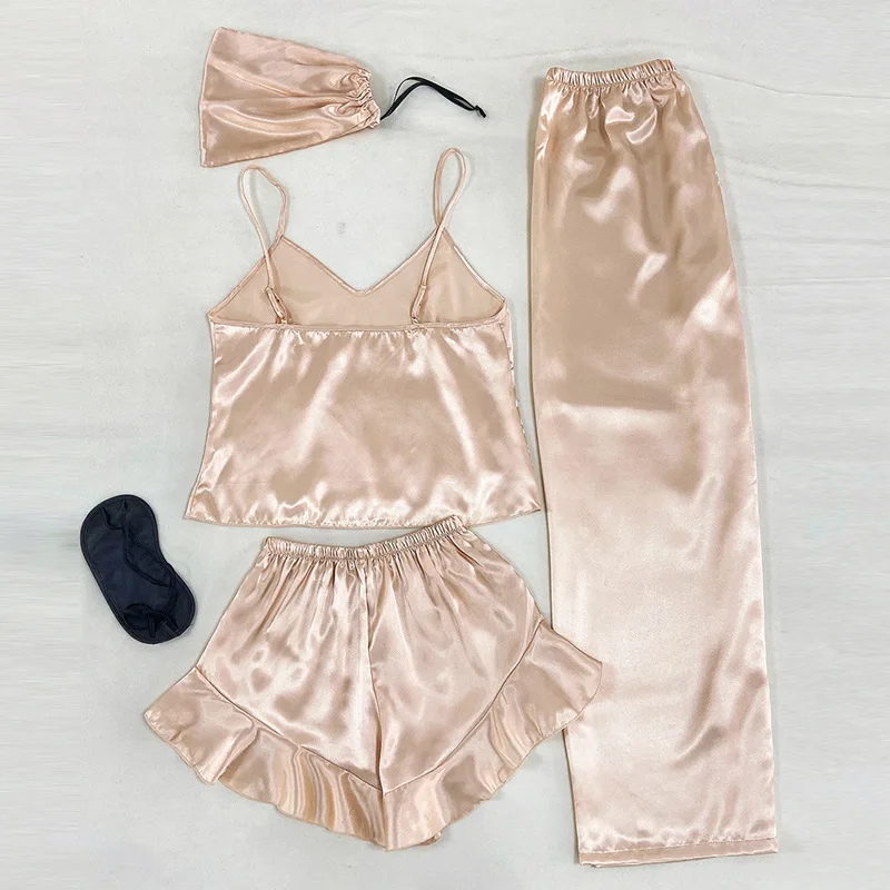 Thin Three-piece Women's Pajamas Spring Summer Ice Silk Sexy V-neck Halter Shorts Long Pants Home Wear Casual Soft Pajamas Set