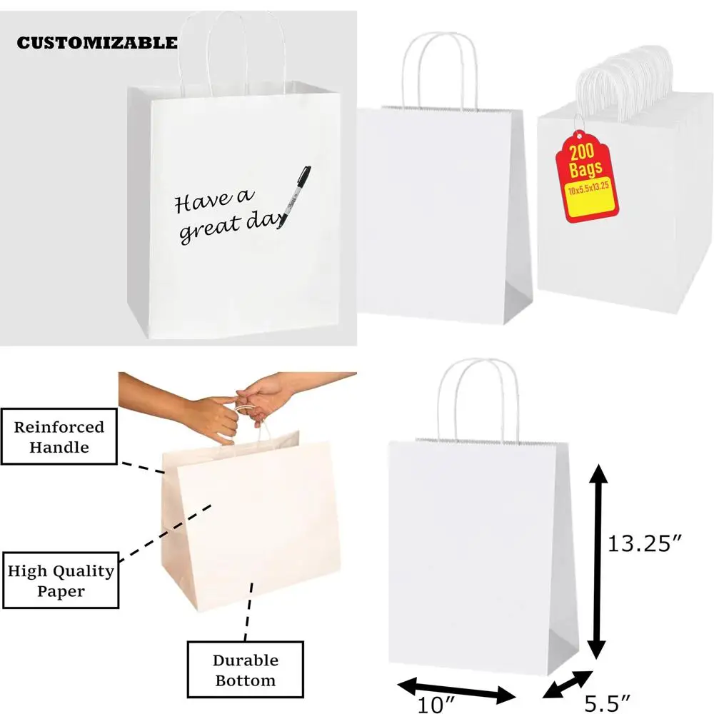 

200 Pack White 10x5x13 Paper Shopping Bags with Handles - Perfect for Weddings, Business, Retail, and Gifts