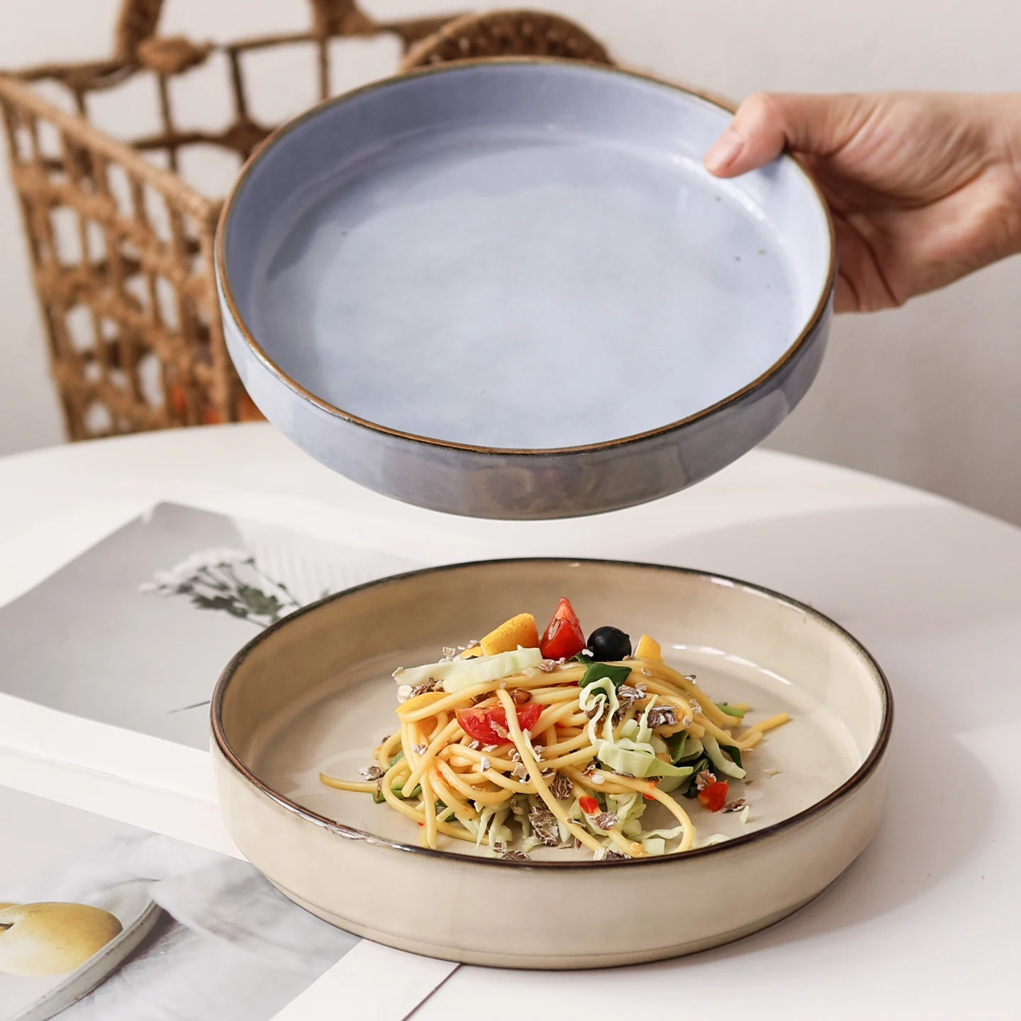 

Retro Distressed Deep Dish Ceramic Plate UHome Individual Water Pattern Glazed Porcelain Serving Plate for Soup And Rice