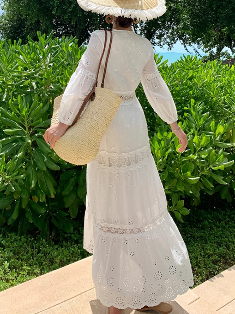 SMTHMA Summer 2025 Women Lace Embroidery Long Sleeve V-neck White Chiffon Beach Dress Lady mesh Patchwork Boho Dresses