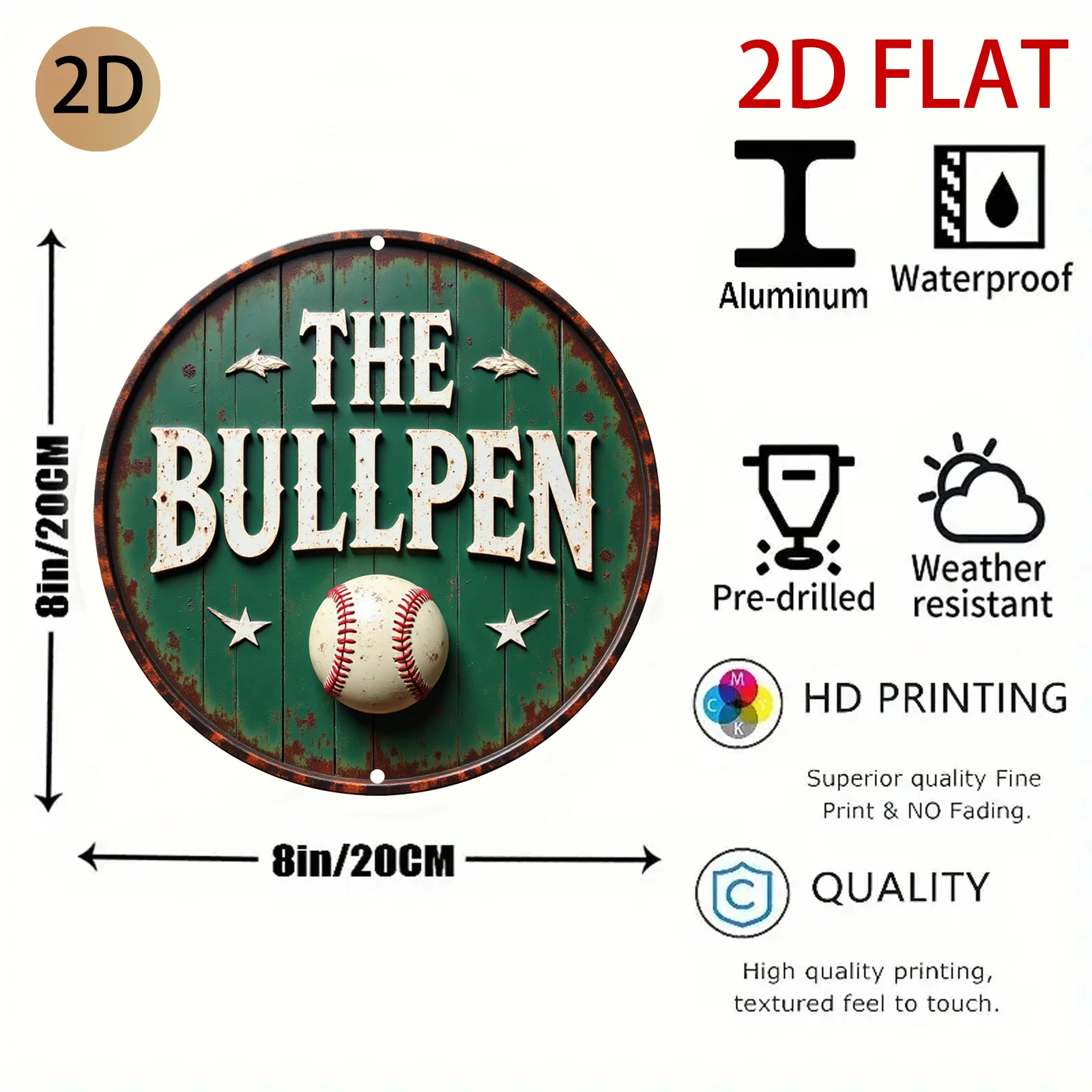 2D Flat - A Vintage-Style Metal Sign Featuring a Circular Baseball Design, Perfect for Decorating a Sports-Themed Space