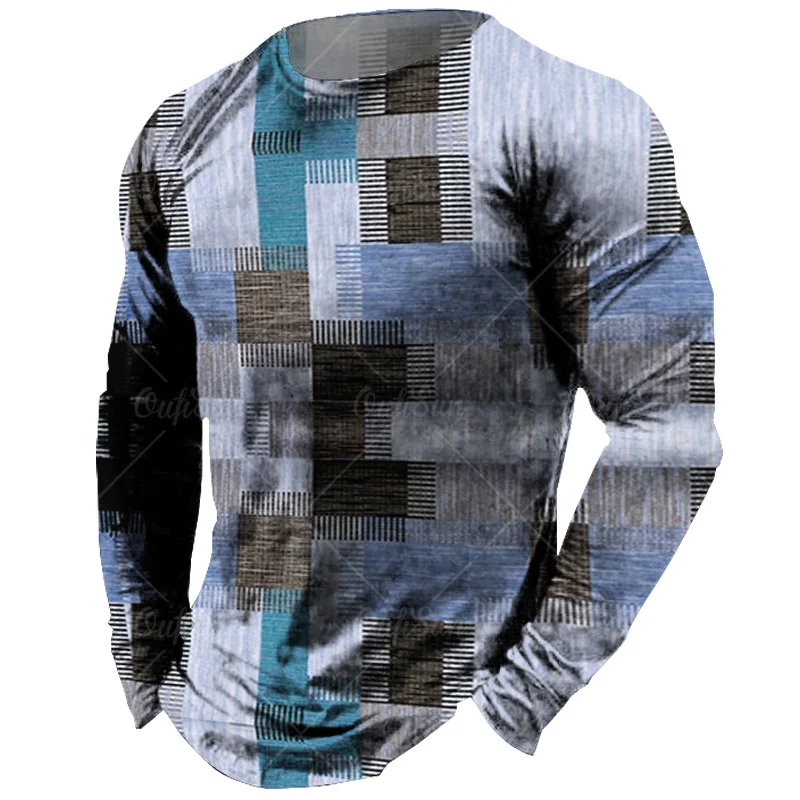 Vintage Men\'s Long Sleeve T-shirt Tops Plaid Print Autumn Oversized Sweatshirt Male O-neck Casual Daily Streetwear Men Clothing