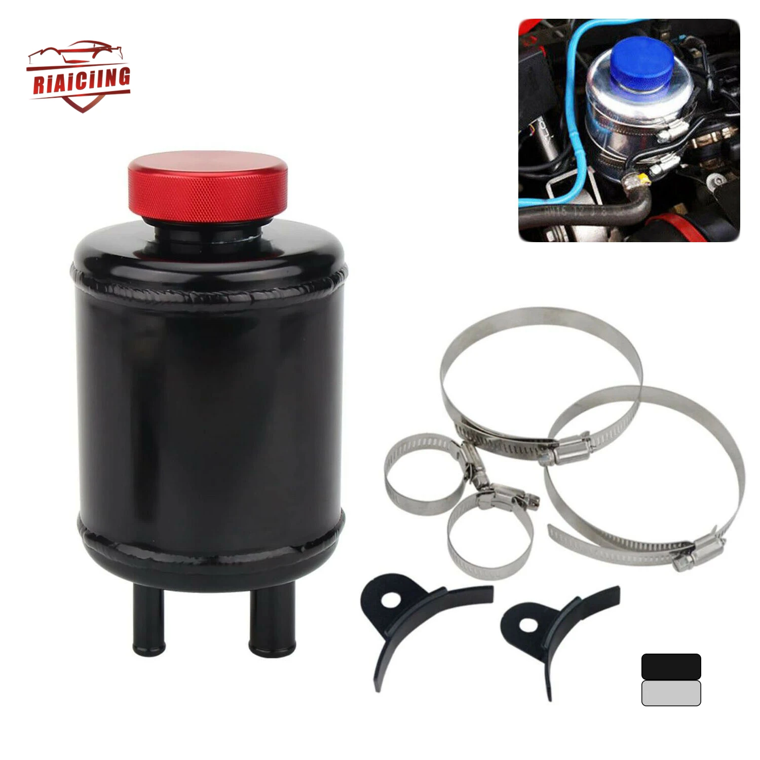 Black Silver Fuel Cell Surge Tank Power Steering Tank Oil Catch Can Tank Racing Power Steering Fluid Reservoir Tank Clamps