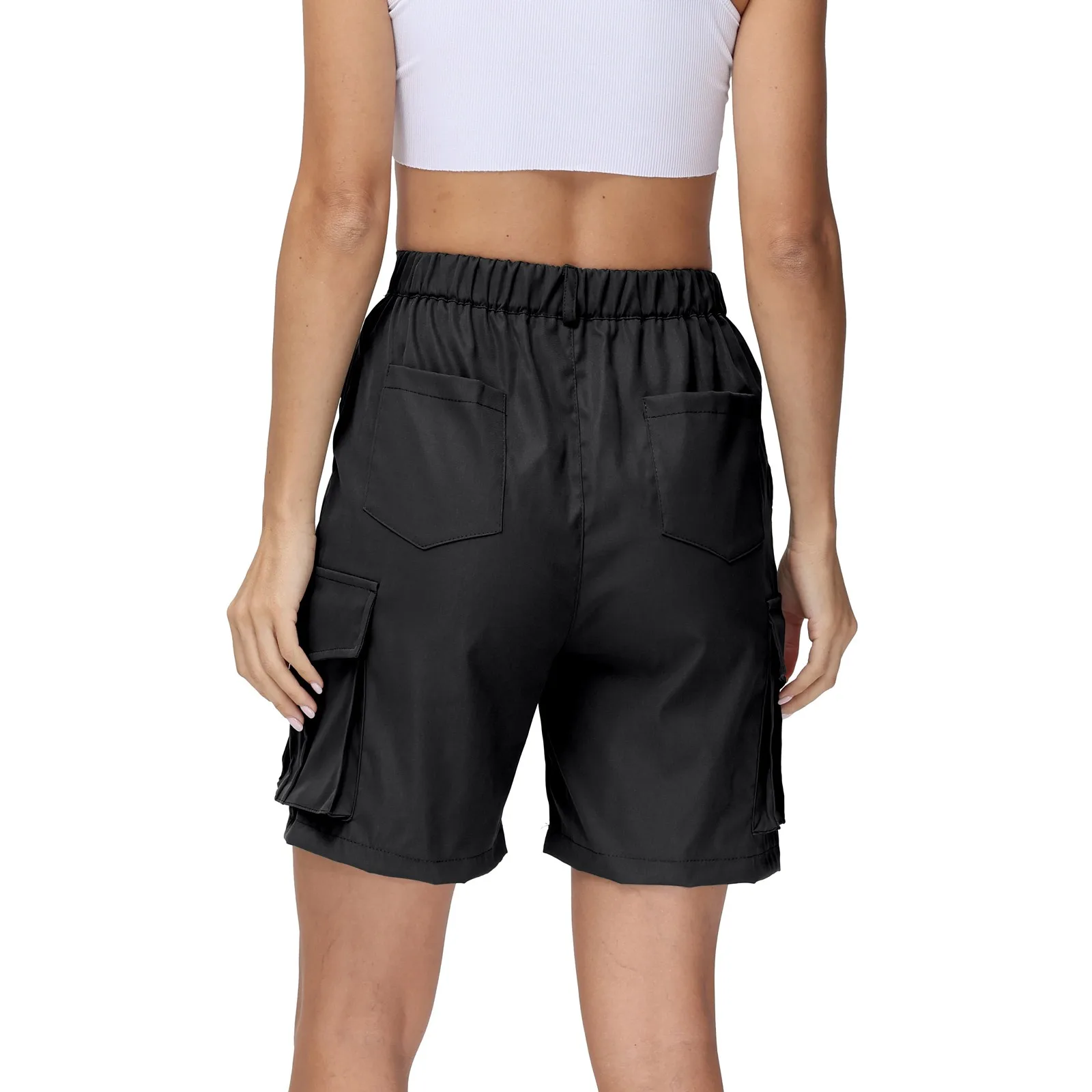 شورت كارجو نسائي كاجوال بجيوب ، مستقيم ، أحادي اللون ، نحيف ، يومي ، عادي ، مطابق بالكامل ، خصر زر ، صيف