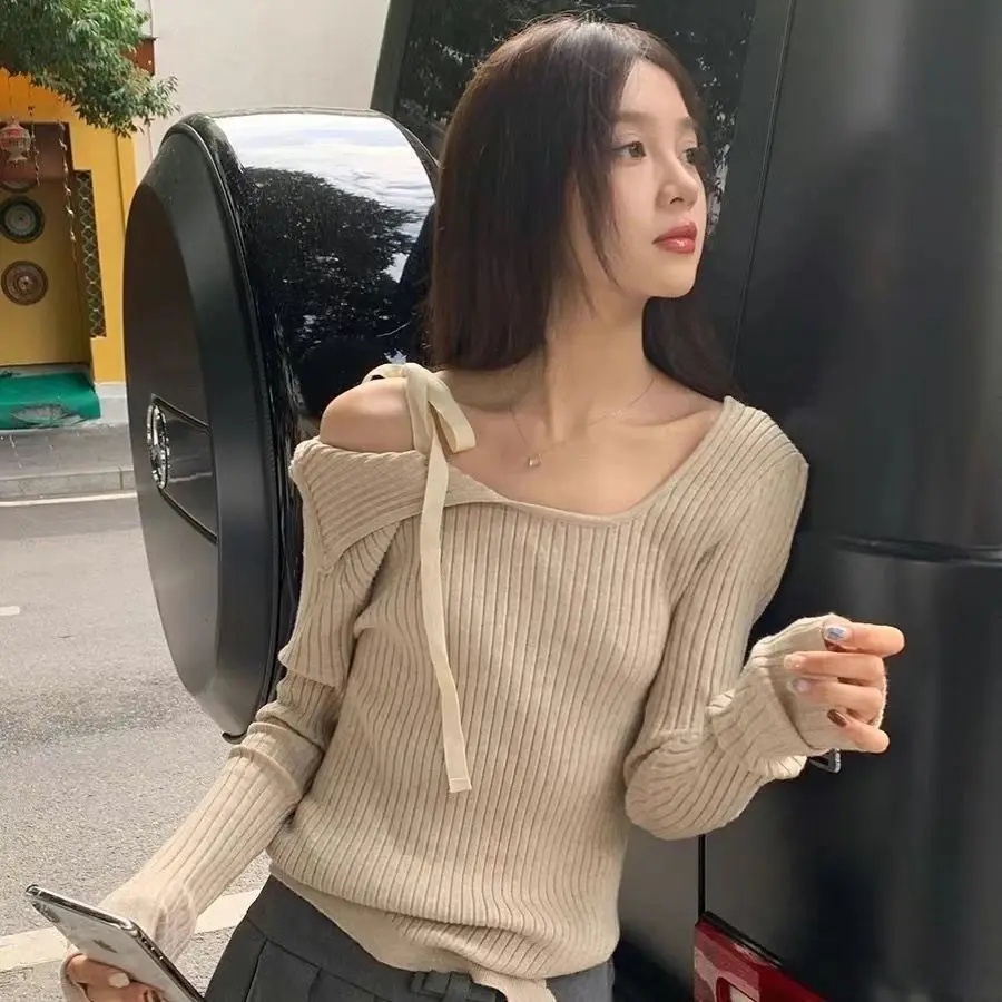 

Korejpaa Korean Style Tie Knitted Sweater Top Spicy Girl New Irregular Slim Pull Femme Gentle Simple Solid Wild Pullover Clothes