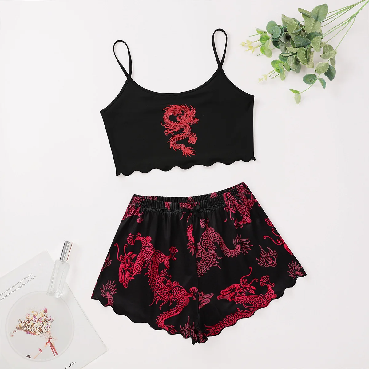 

Summer Chinese Dragon Element Pajamas Set For Women Silky Satin Spaghetti Strap & Shorts Loose Home Wear Strap Underwear